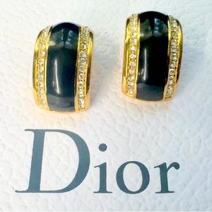 Christian Dior Vintage 1980s Large Black Double Crystals Dome Hoop Clip Earrings